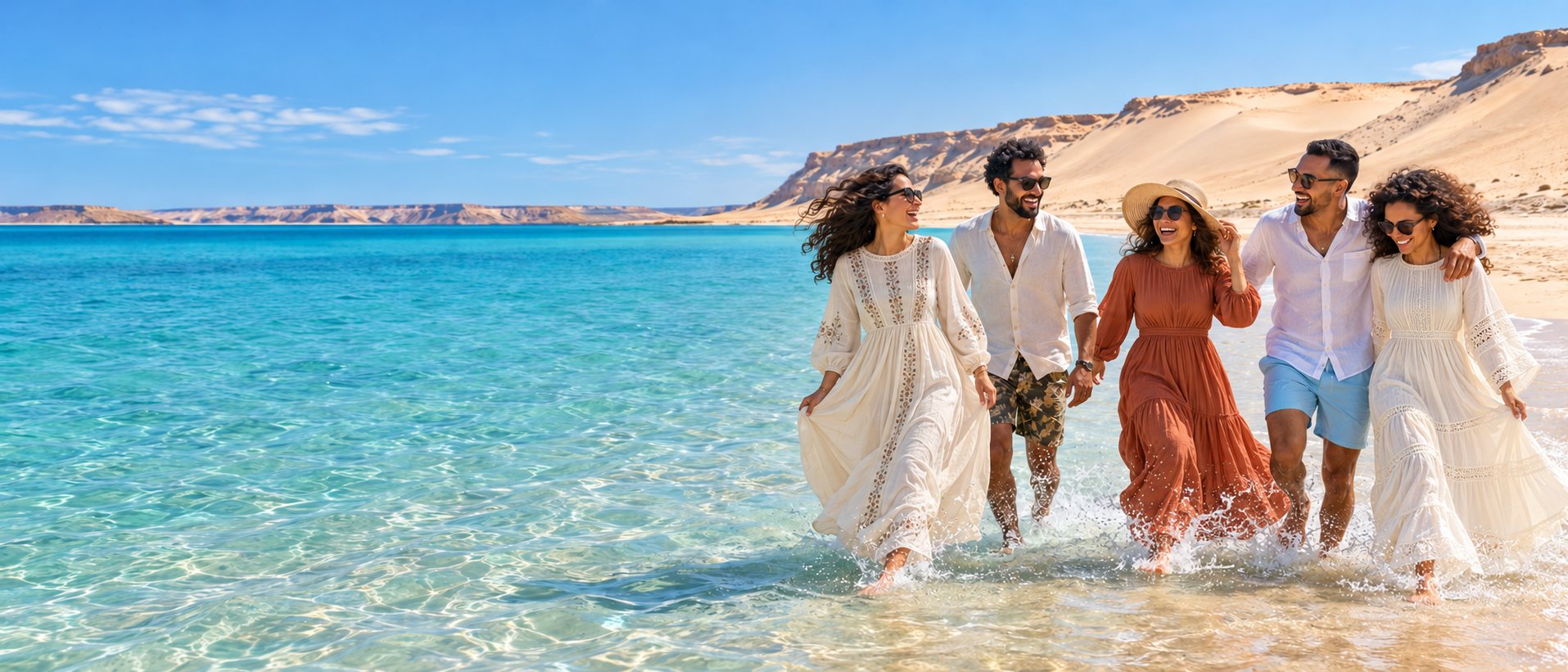 Groupe d’amis marchant dans l’eau turquoise d’une plage de Dakhla, au pied des dunes