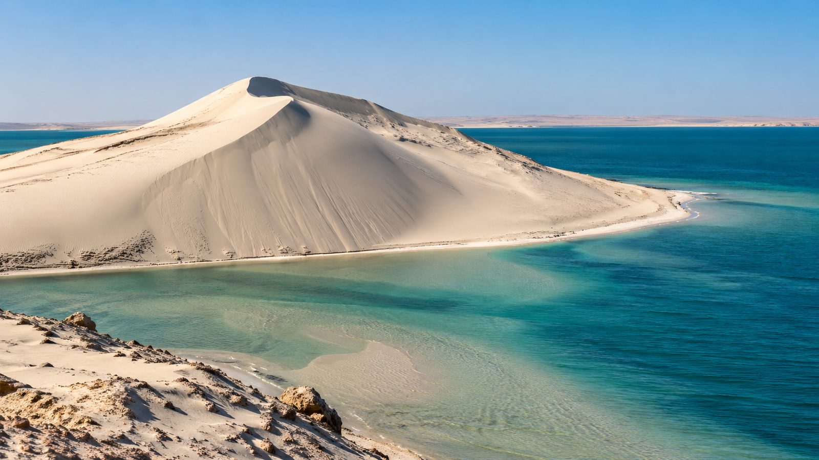 La Dune Blanche avançant dans le lagon turquoise